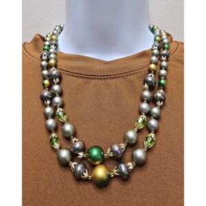 Vintage Japan Beaded Necklace 2 Strand Silver Green Gold Mixed Beads 20 in.